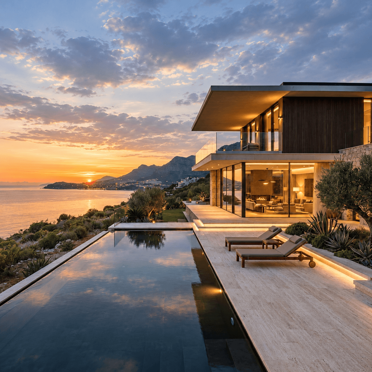 Modern glass villa with an infinity pool at sunset